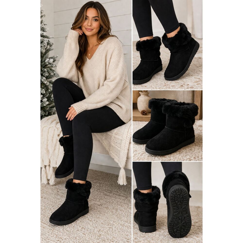 SO Paulina Boots Womens Size 8 Black Faux Fur Trim Ankle Winter Cozy